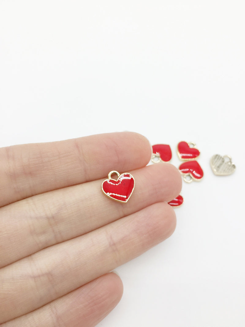 10 x Glossy Red Enamel Heart Charms, 12x11.5mm (1269)