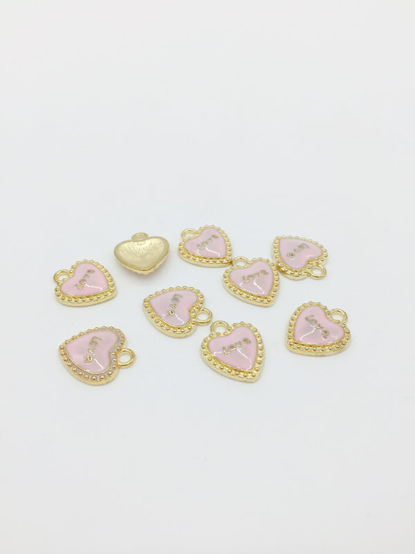 10 x Gold Tone Pink Enamel Heart Charms, 16x14mm (1226)