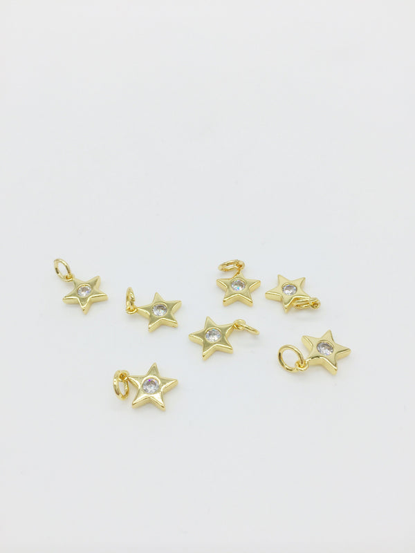 2 x 18K Gold Plated Tiny Star Charms with Cubic Zirconia, 11x9mm (1240)