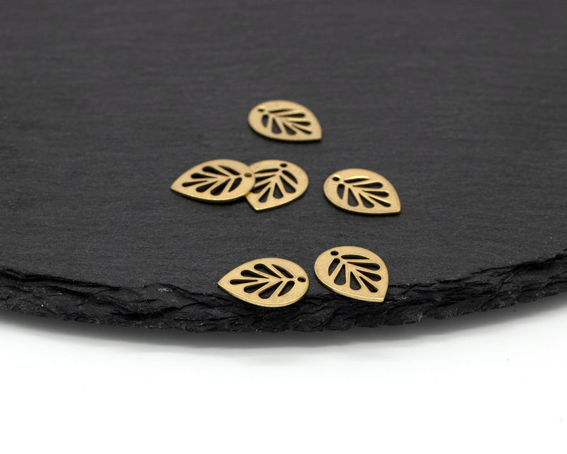 6 x Raw Brass Cut-out Leaf Pendants, 14x11mm (C0056S)