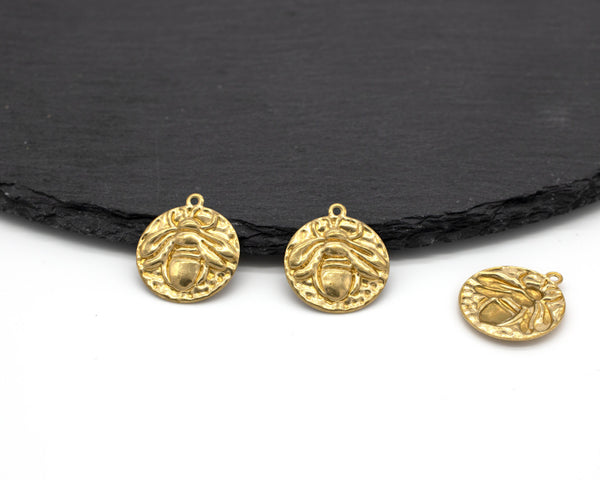 2 x Raw Brass Round Bee Charms, 23x20mm (C0069)