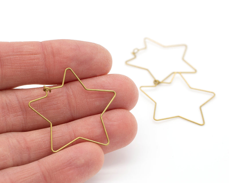 5 pairs x Raw Brass Star Ear Wire, 35mm Star Wire Earring Hoops (C0367)