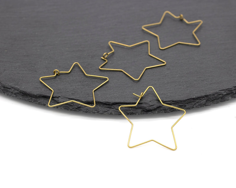 5 pairs x Raw Brass Star Ear Wire, 35mm Star Wire Earring Hoops (C0367)