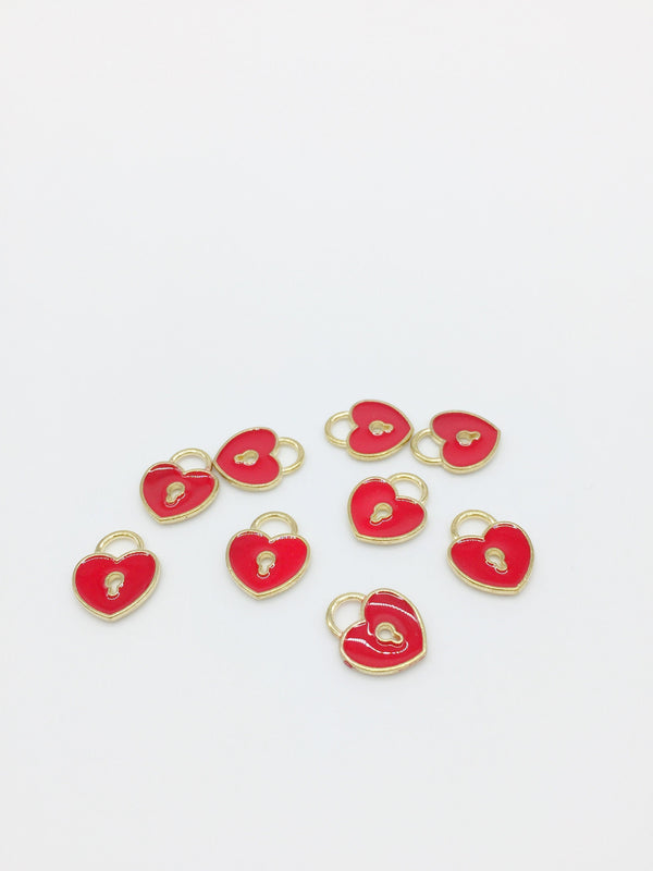 10 x Gold Tone Red Enamel Heart Lock Charms, 13.5x11mm (1264)