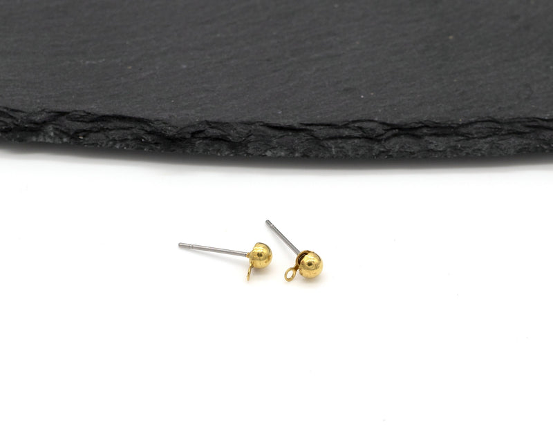 10 pairs x Raw Brass Ball Stud Earring Posts with Loop (C0379)