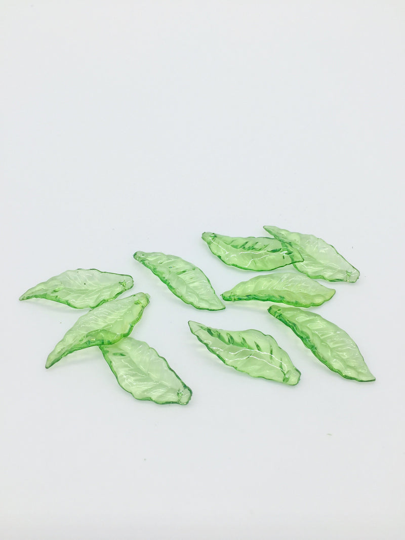 50 x Transparent Green Acrylic Leaf Beads, 10x28mm Green Lucite Leaves