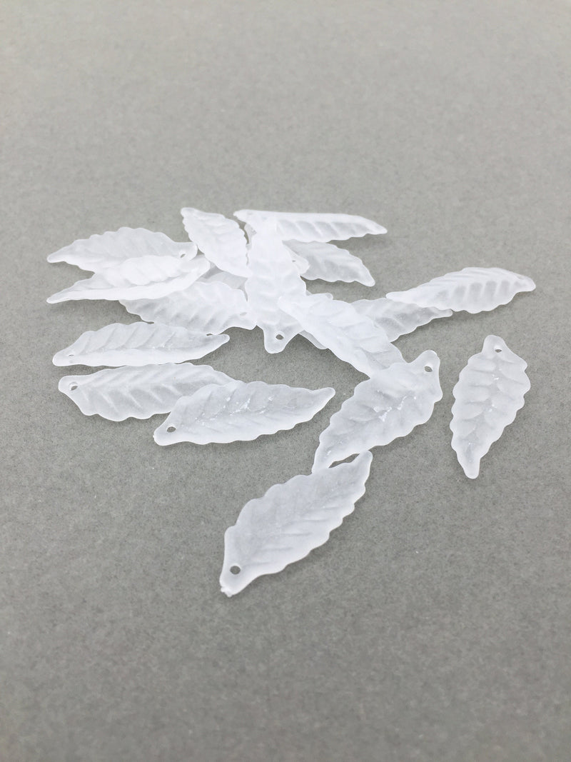 40 x Frosted White Acrylic Leaf Charms, 10x27mm Lucite Leaves