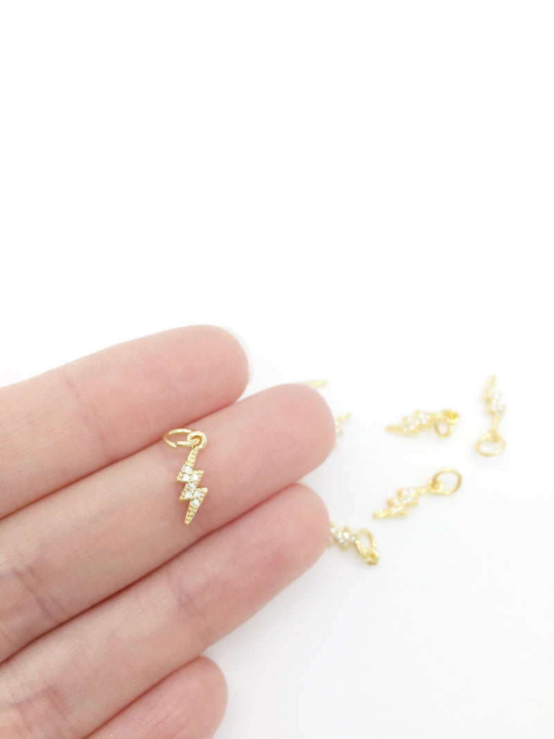 1 x Tiny 18K Gold Plated Lightning Bolt Charms with CZ, 12x4.5mm (1606)