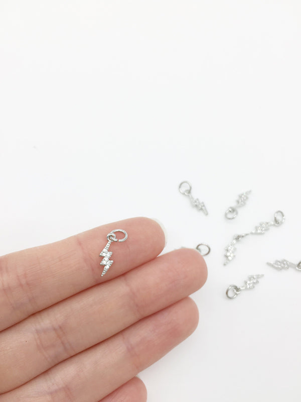 CZ Rhodium Lightning Bolt Charms, 12x4.5mm (1605)