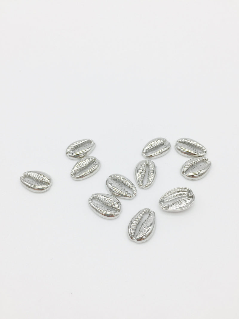 6 x Rhodium Plated Cowrie Shell Charms Connectors, 13.5x9.5mm (1616)