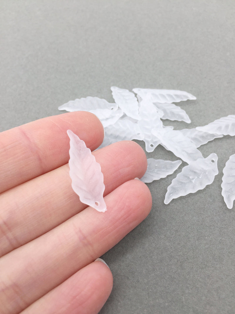 40 x Frosted White Acrylic Leaf Charms, 10x27mm Lucite Leaves