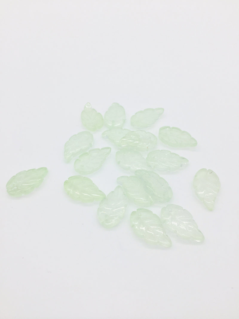 10 x Light Green Jade Imitation Leaf Beads, 10x18mm Glass Leaf Charms (3509)