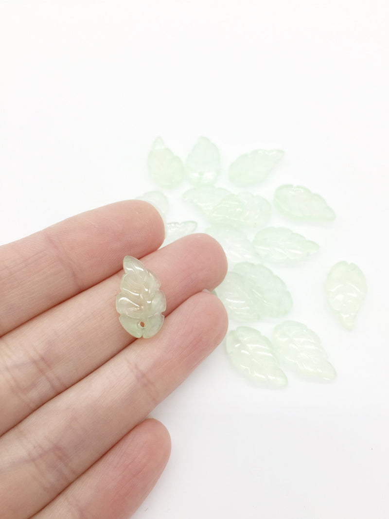 10 x Light Green Jade Imitation Leaf Beads, 10x18mm Glass Leaf Charms (3509)