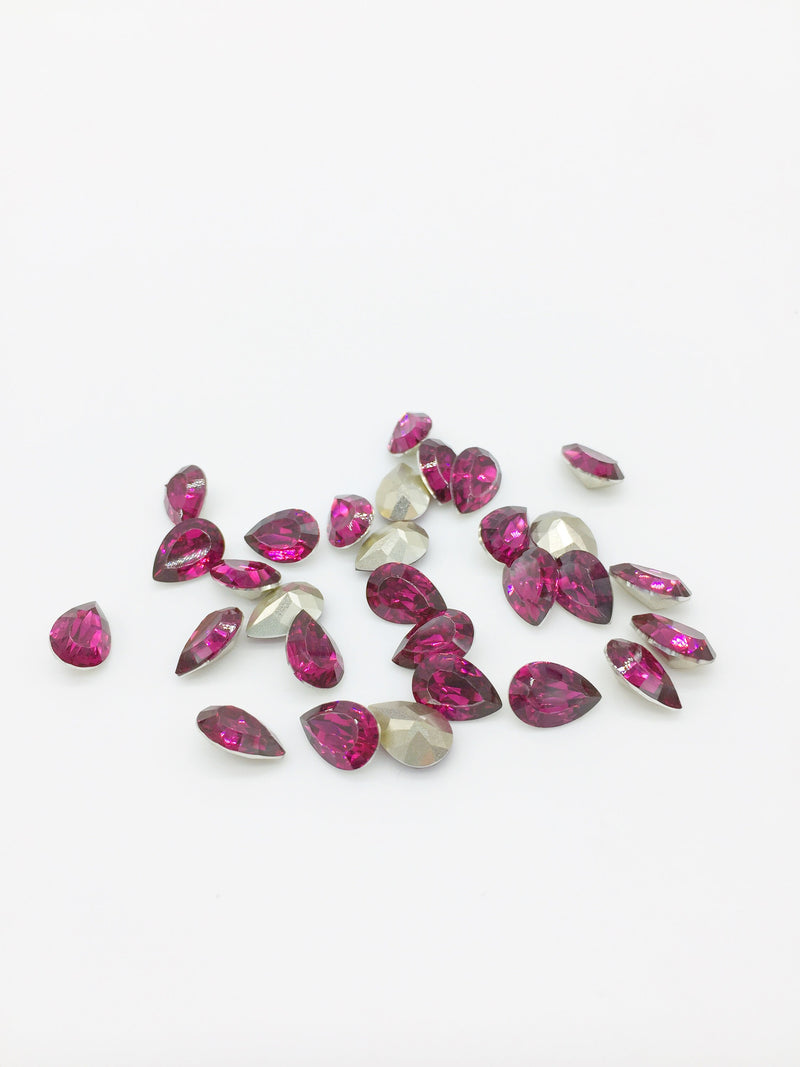 24 x 7x10mm Fuchsia Teardrop Rhinestones, Foiled Back (2264)