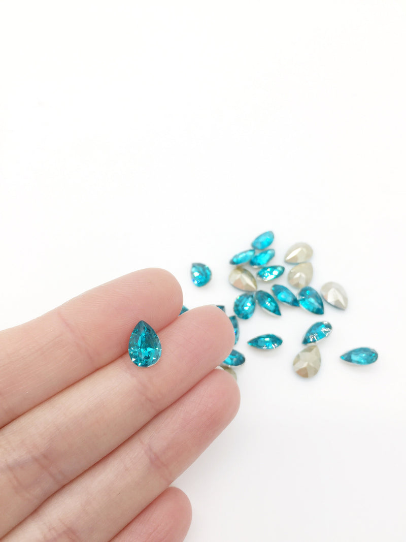 24 x 7x10mm Aquamarine Teardrop Rhinestones, Foiled Back (2264)