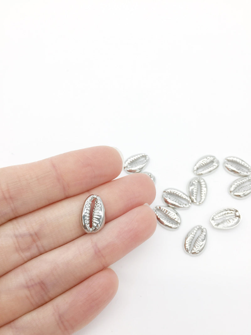 6 x Rhodium Plated Cowrie Shell Charms Connectors, 13.5x9.5mm (1616)