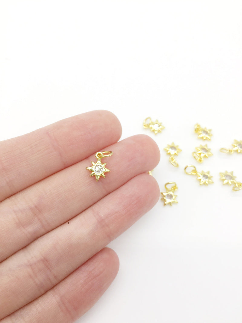 2 x 18K Gold Plated Tiny Star Charms with Cubic Zirconia, 10x8mm (0394)