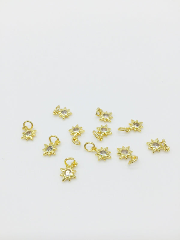 2 x 18K Gold Plated Tiny Star Charms with Cubic Zirconia, 10x8mm (0394)