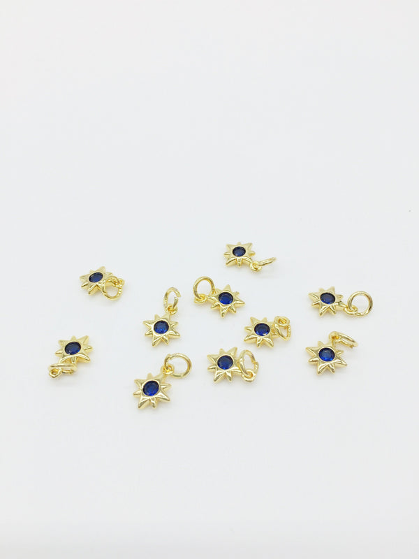 2 x 18K Gold Plated Tiny Star Charms with Sapphire Blue Cubic Zirconia, 10x8mm (0394)