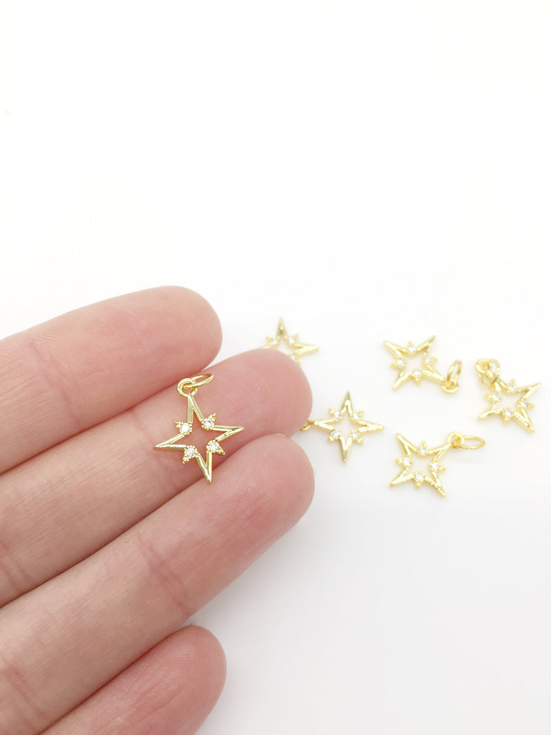 1 x 18K Gold Plated Tiny Northern Star Charm with Cubic Zirconia, 15x13mm (0304)