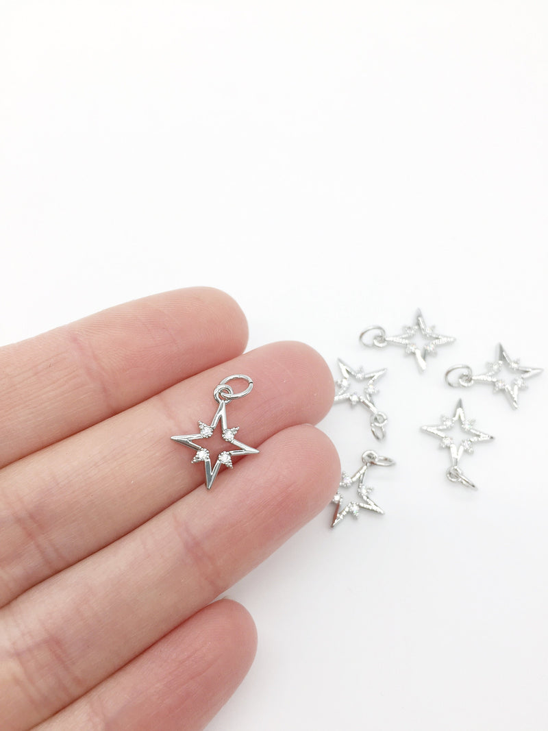 1 x Rhodium Plated Star Charm with Cubic Zirconia, 15x13mm (0304)