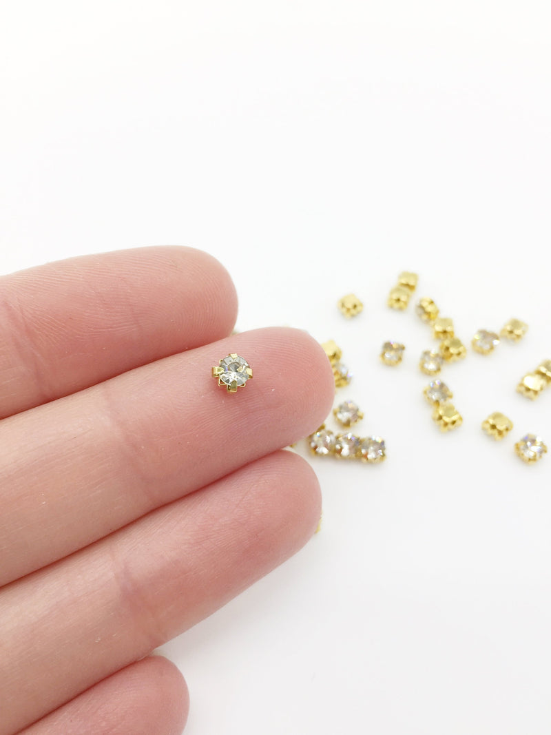 72 x 3.8mm Gold Sew-on Clear Glass Rhinestones, 3.8mm Chatons (1824)