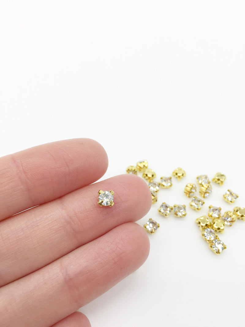 72 x 4.4mm Clear Glass Rhinestones in Gold Sew-On Setting (1825)