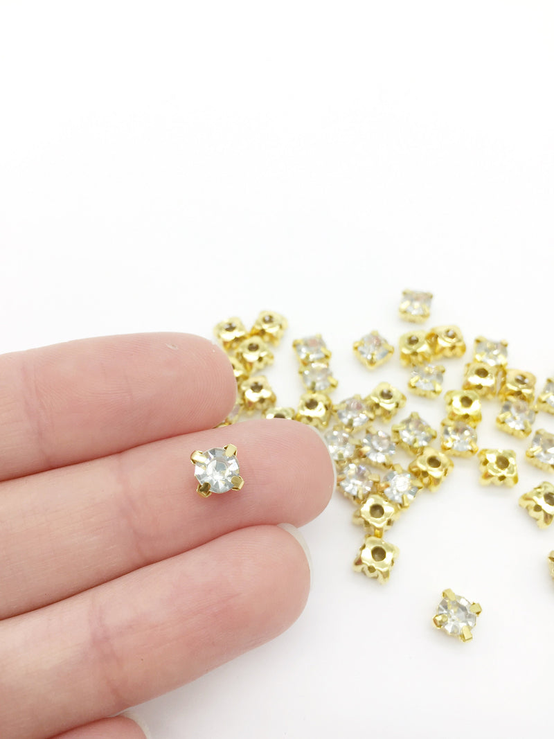 36 x Clear Glass Rhinestones in Gold Sew-on Setting, 5.4mm (1828)