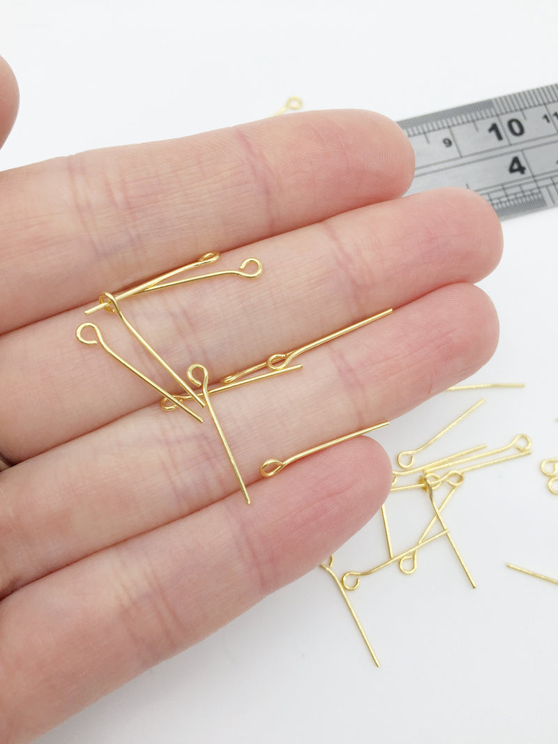 100 x 18K Gold Plated Eye Pins, 19x0.7mm (3329)