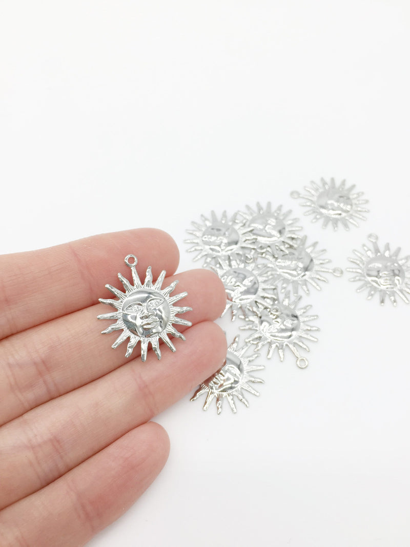 2 x Rhodium Plated Celestial Sun Pendants, 25x22mm (3355)