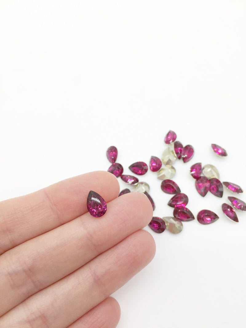 24 x 7x10mm Fuchsia Teardrop Rhinestones, Foiled Back (2264)