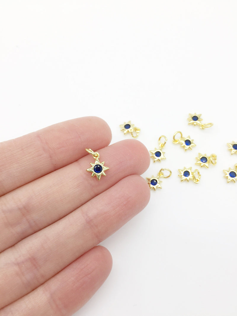 2 x 18K Gold Plated Tiny Star Charms with Sapphire Blue Cubic Zirconia, 10x8mm (0394)