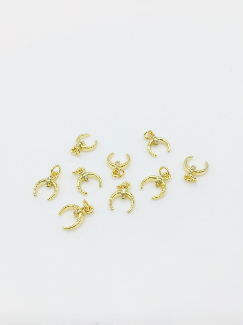 1 x 18K Gold Plated Tiny Crescent Moon Charm with Cubic Zirconia, 11x8mm (0469)