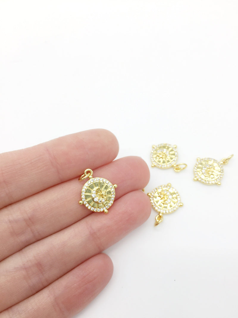 1 x 18K Gold Plated Cubic Zirconia Coin Moon and Star Charm, 18x15.5mm (2876)