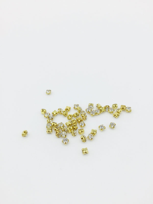 72 x 3mm Gold Sew On Rhinestone, Clear Crystal Montees (1823)