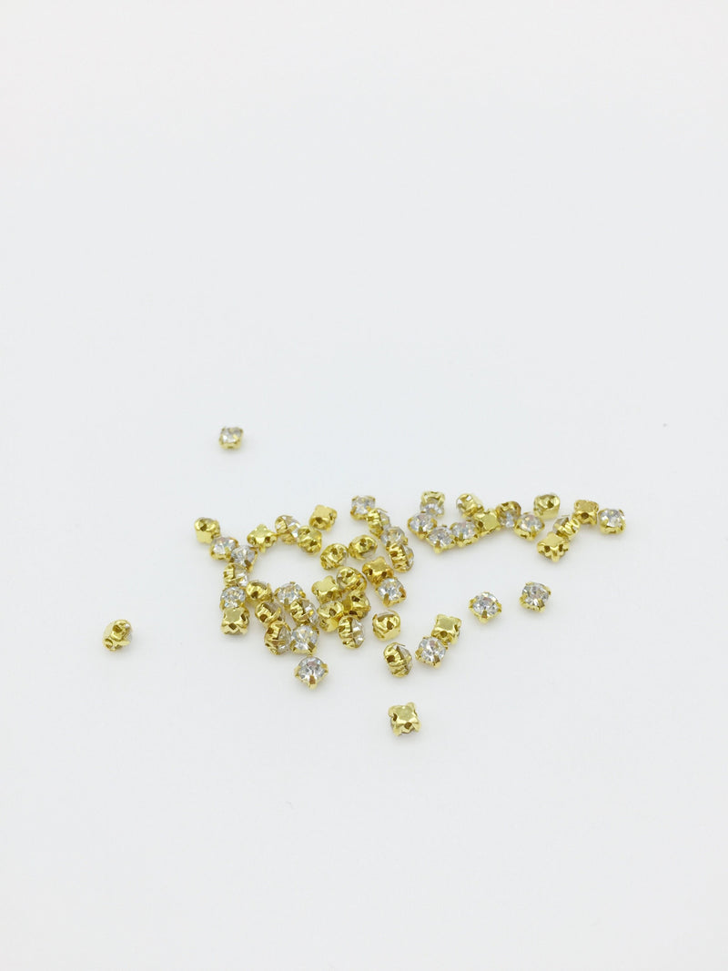 72 x 3mm Gold Sew On Rhinestone, Clear Crystal Montees (1823)