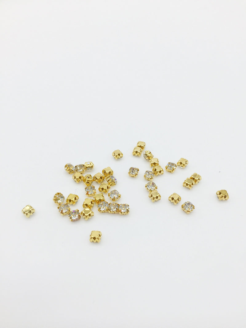 72 x 3.8mm Gold Sew-on Clear Glass Rhinestones, 3.8mm Chatons (1824)