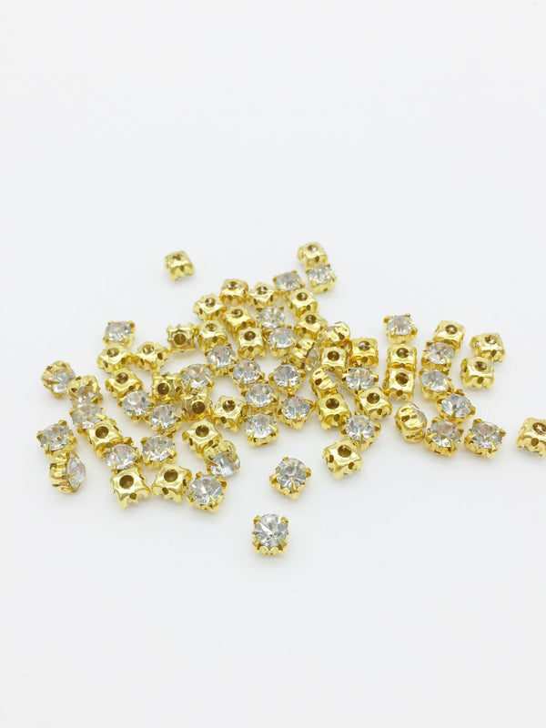 72 x 4.8mm Gold Sew On Rhinestones, Clear Crystal Montees (1827)