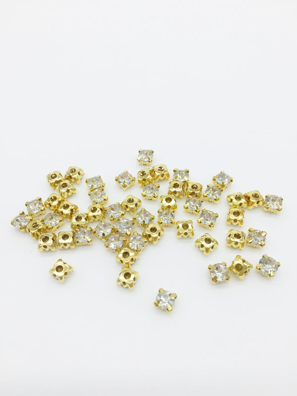 36 x Clear Glass Rhinestones in Gold Sew-on Setting, 5.4mm (1828)