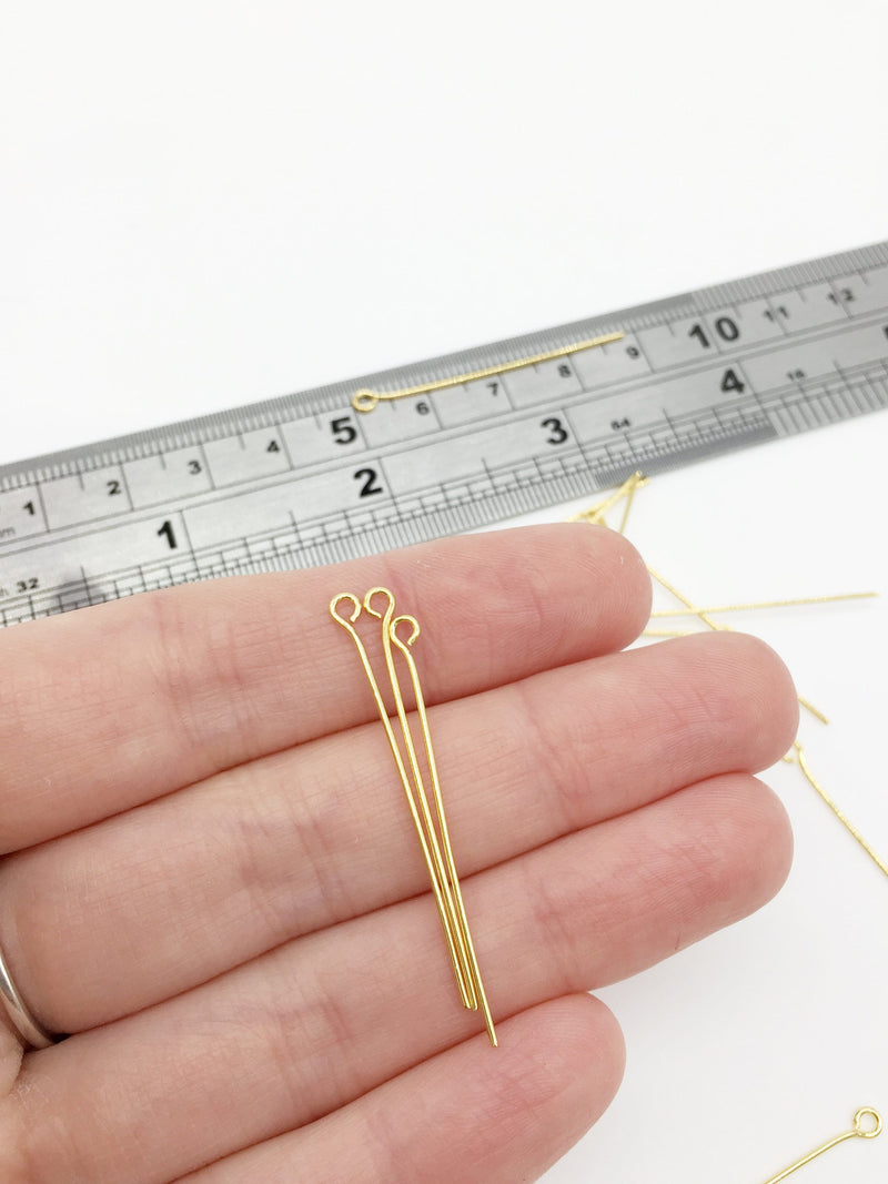 50 x 18K Gold Plated Brass Eye Pins, 38x0.7mm (3331)