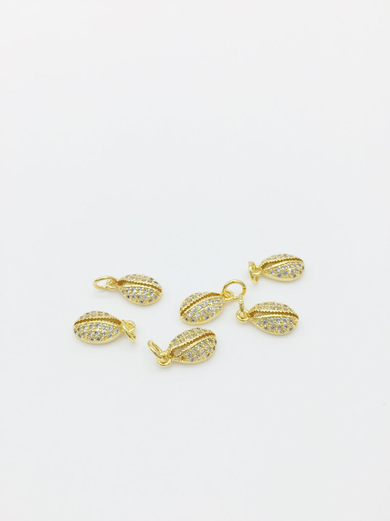 1 x 18K Gold Plated Cowrie Shell Charms Inlaid with Cubic Zirconia, 12.5x7mm (1371)