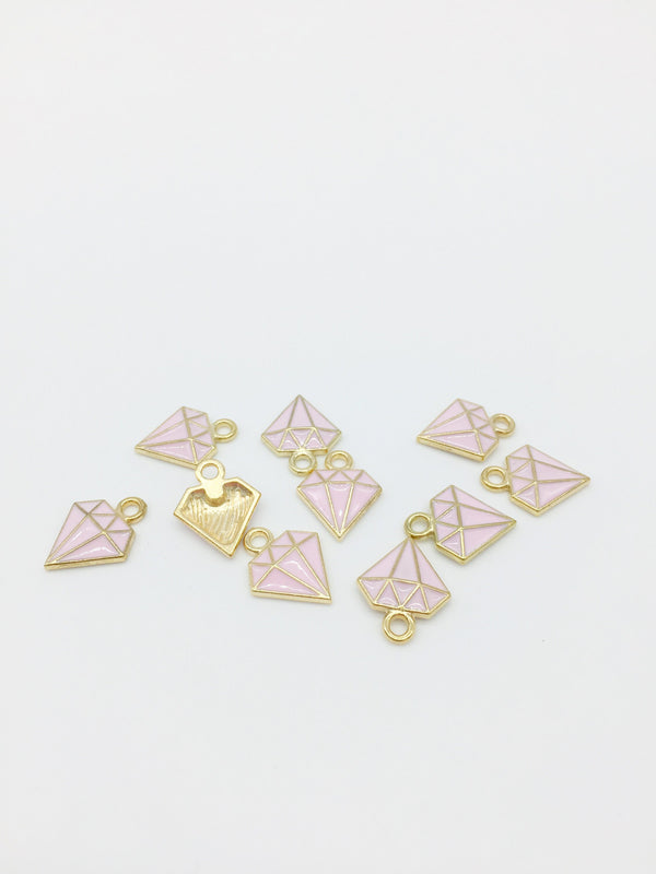 10 x Gold Tone Pink Enamel Diamond Charms, 15x11mm (1400)