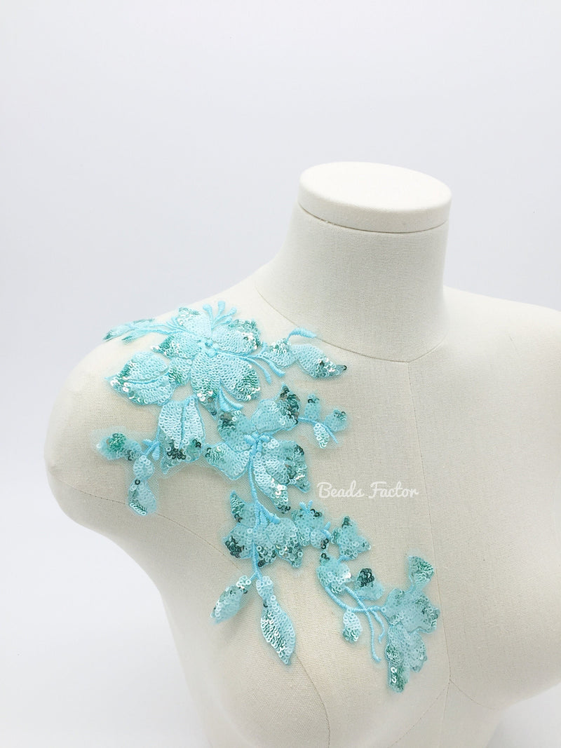 Light Turquoise Lace Patch, 29x15mm Lace Applique with Sequins