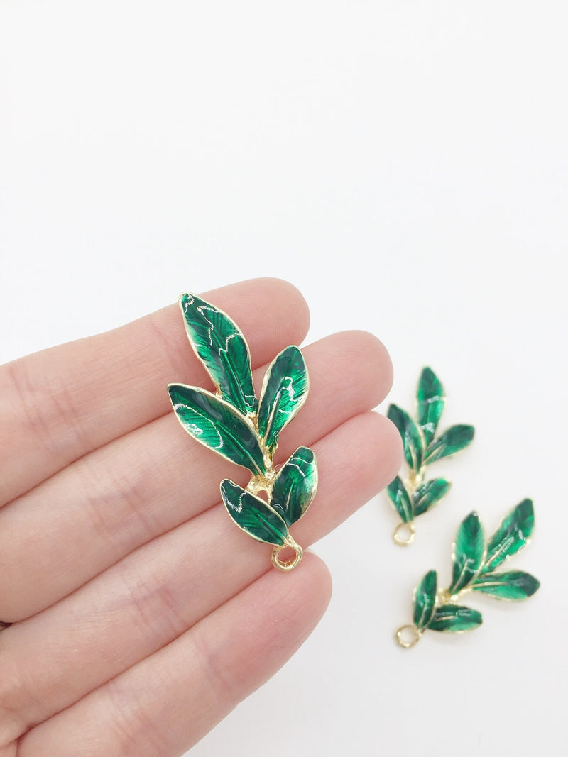 4 x Gold Plated Green Enamel Laurel Leaf Charms, 46x23mm (3643)