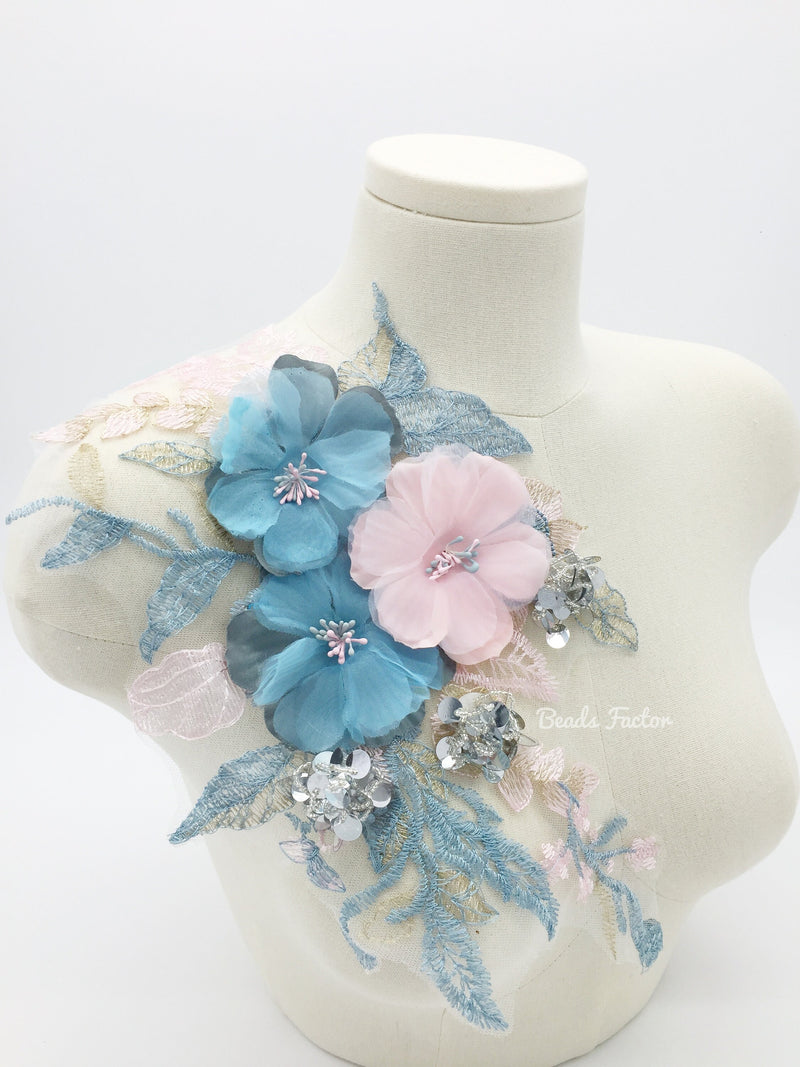 Large 3D Flowers Pink and Dusty Blue Lace Patch with Sequins, 42x20mm