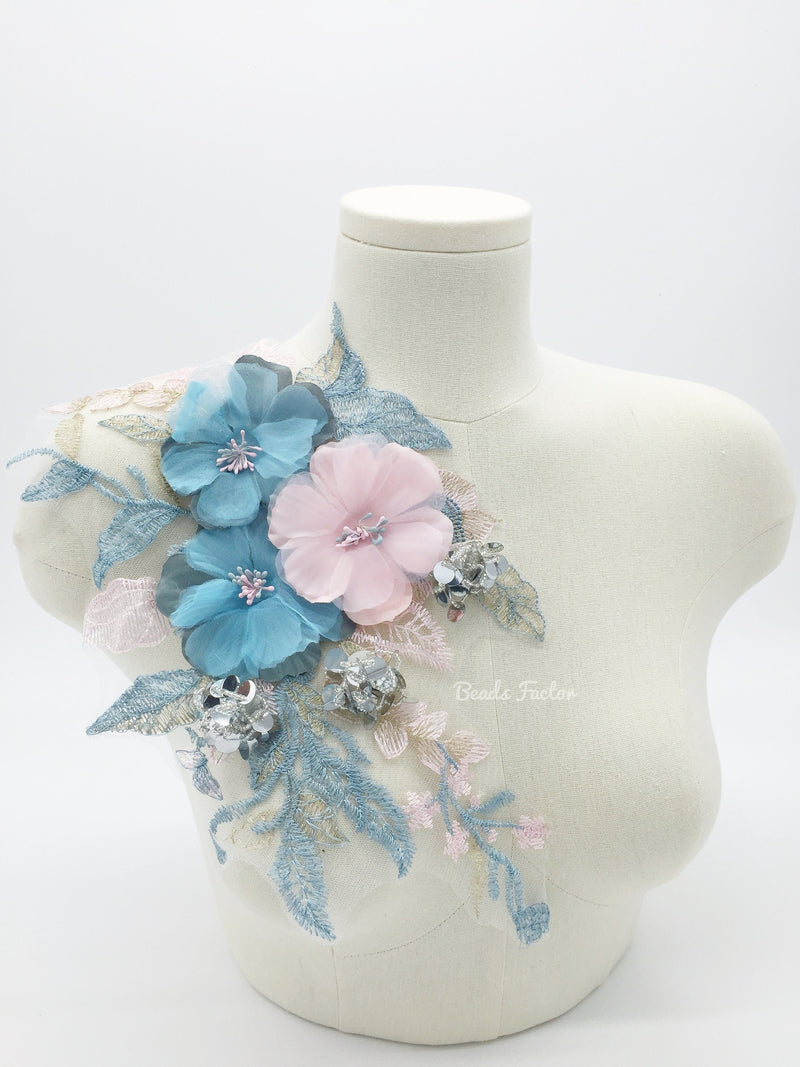 Large 3D Flowers Pink and Dusty Blue Lace Patch with Sequins, 42x20mm