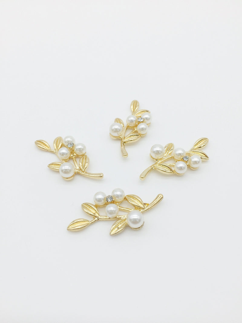 4 x Gold Laurel Leaf Branch with Pearl Flower, 35x16mm (3522)