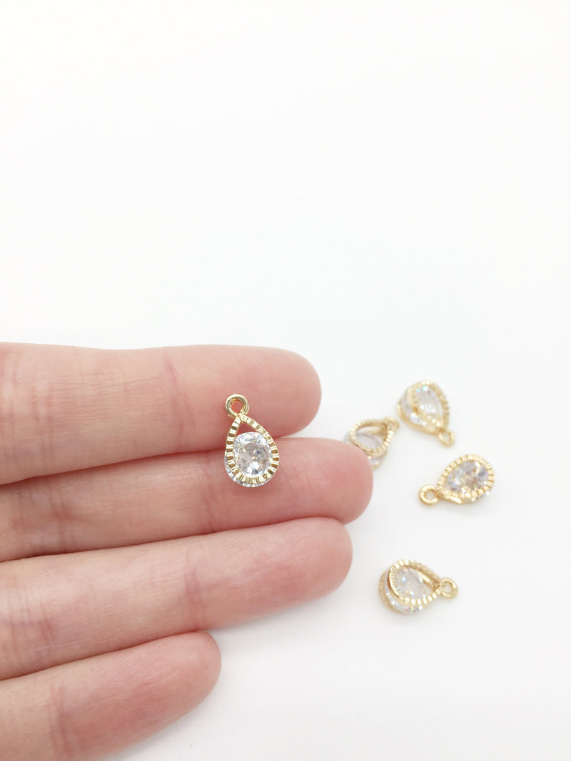 10 x Gold Plated Cubic Zirconia Teardrop Charms, 13x8mm (1365)