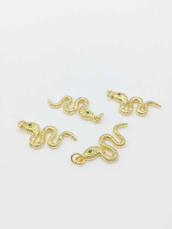 1 x 18K Gold Plated Snake with Green Cubic Zirconia Eyes Pendant, 30x12.5mm (1370)