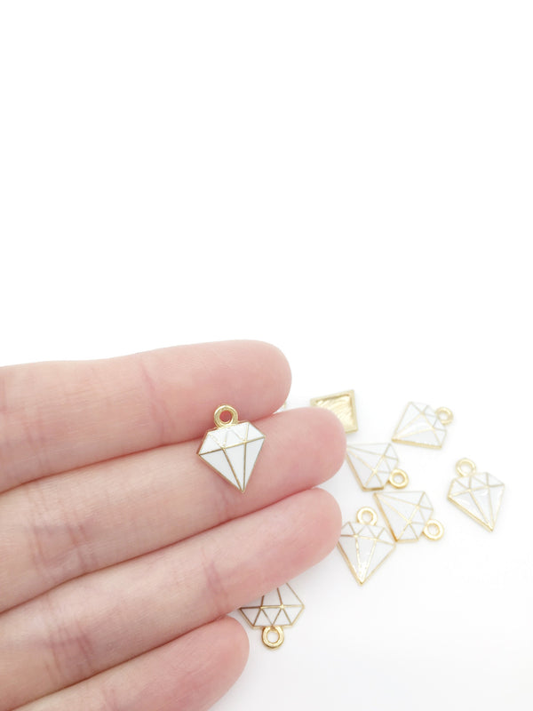 10 x Gold Tone White Enamel Diamond Charms, 15x11mm (1393)